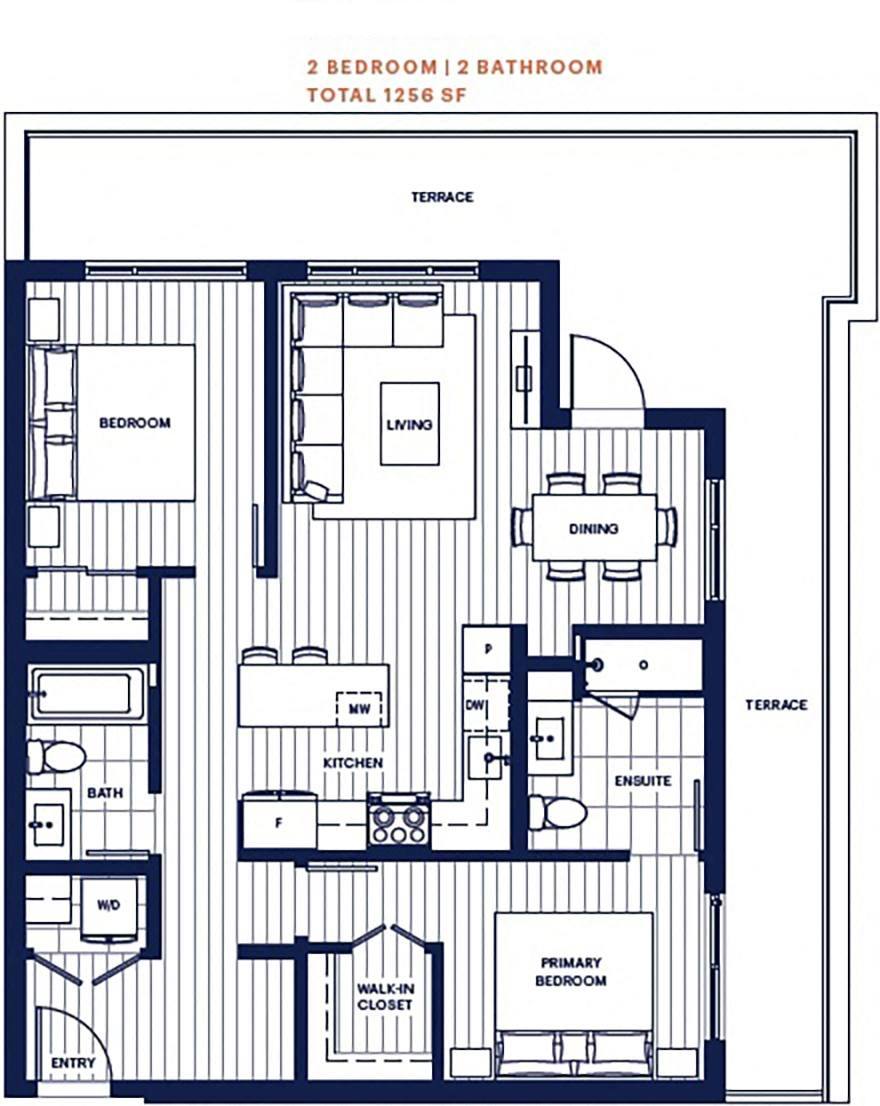 Floor plan for 2 beds, 2 baths, 909 sqft